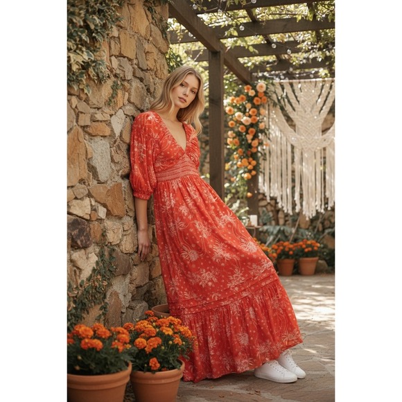 Free People Dresses & Skirts - Free People Southwest Skies Maxi Dress Red Floral Smocked Puff Sleeve Size Small